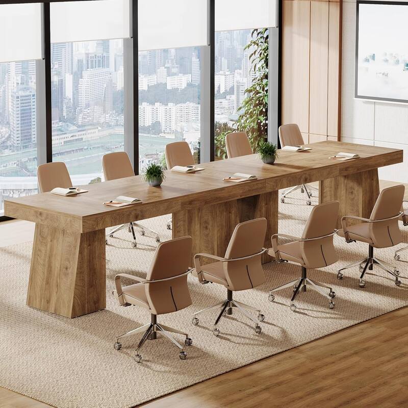 Conference Table, Modern Meeting Table with Thick Tabletop and Trapezoidal Legs