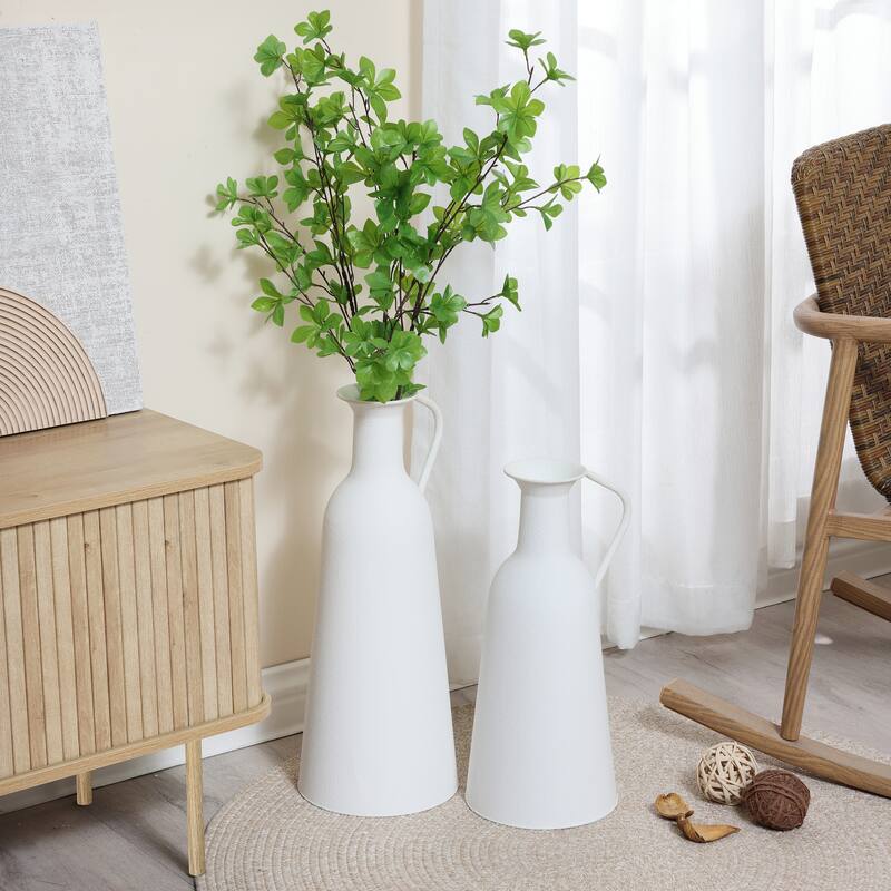 2-Pc White Iron Metal Pitcher Vase Set