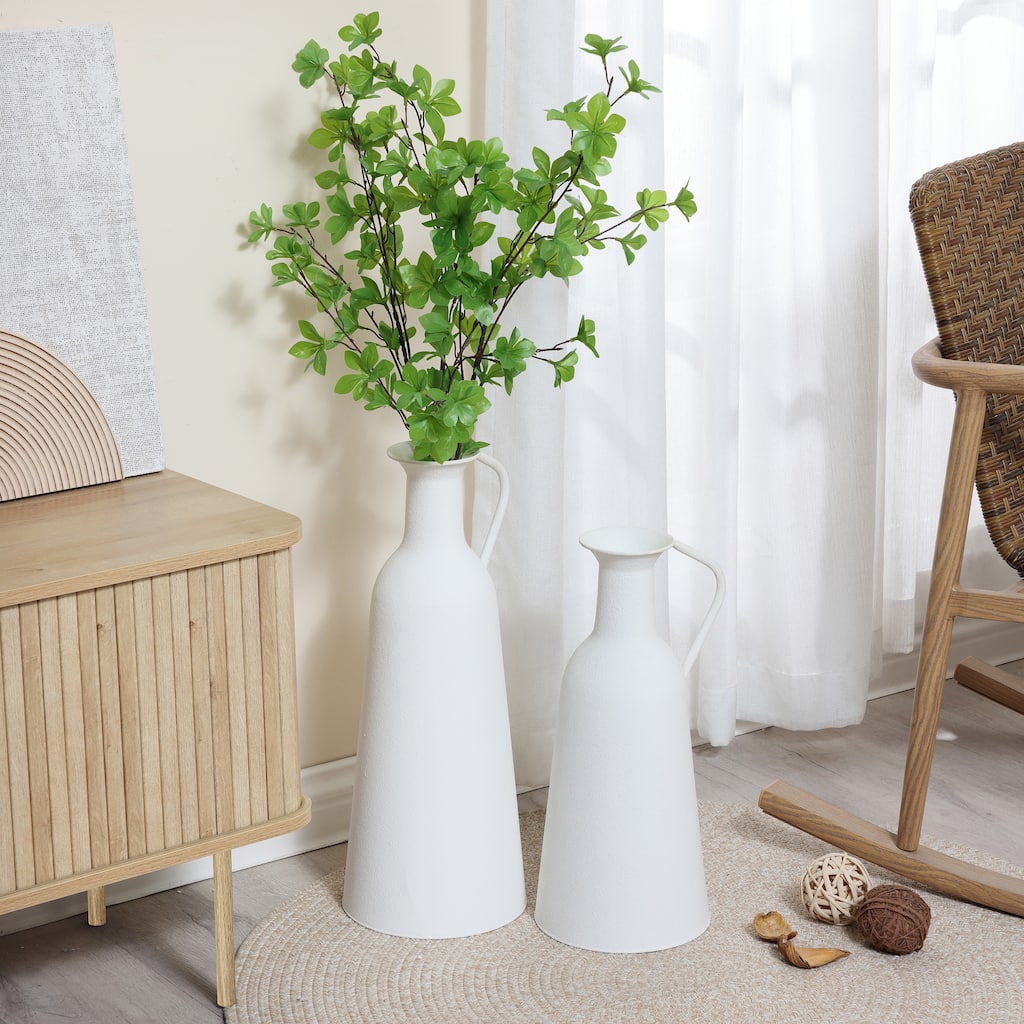 2-Pc White Iron Metal Pitcher Vase Set
