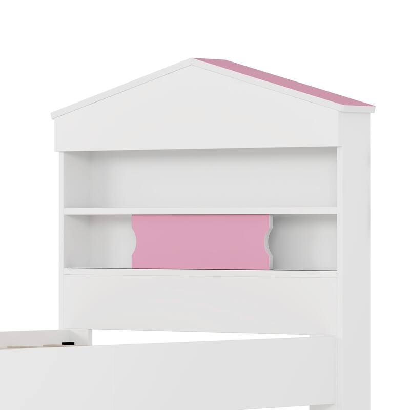 House-Shaped Storage Headboard Bed Frame, Wood Platform Bed with 2 Pull-out Storage Drawers, Kids Panel Bed