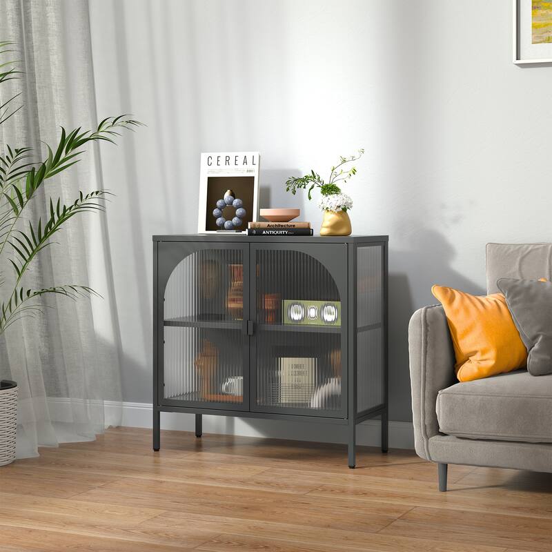 Benoît 31.56 inch Black Two Door Metal Sideboard with Fluted Clear Doors - 31.57
