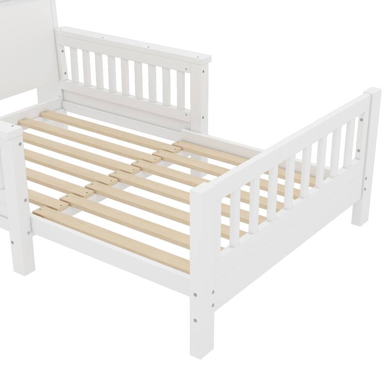 White Twin Platform Bed with Pull-Out Storage Headboard & Safety Rails!