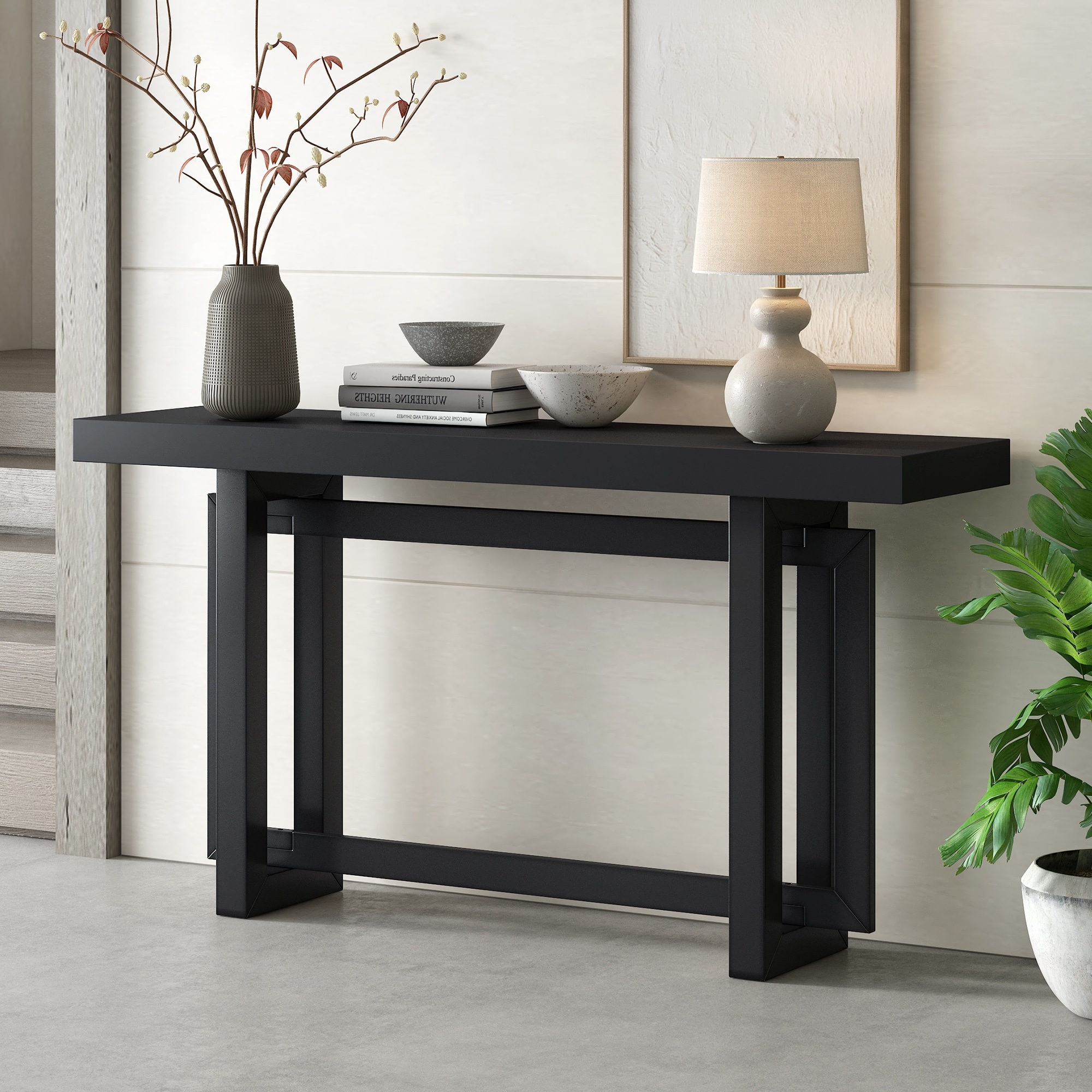 Modern Console Table Sofa Table with Concrete Top, 59'' Long Accent Entryway Table