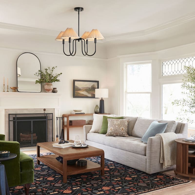 4-Light Mid-Century Modern Chandelier in Brushed Gold/Matte Black Chandelier with Pleated Shades for Living Room