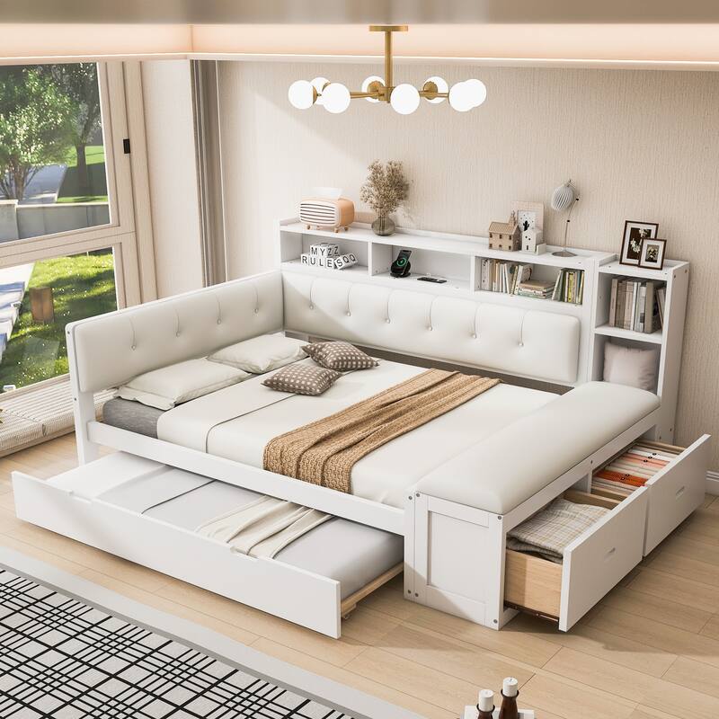 Full Size L-shape Daybed, Captains Bed with Trundle, Bookcase Built-in Charging Station, Upholstered Storage Bench and Headboard - White - Full