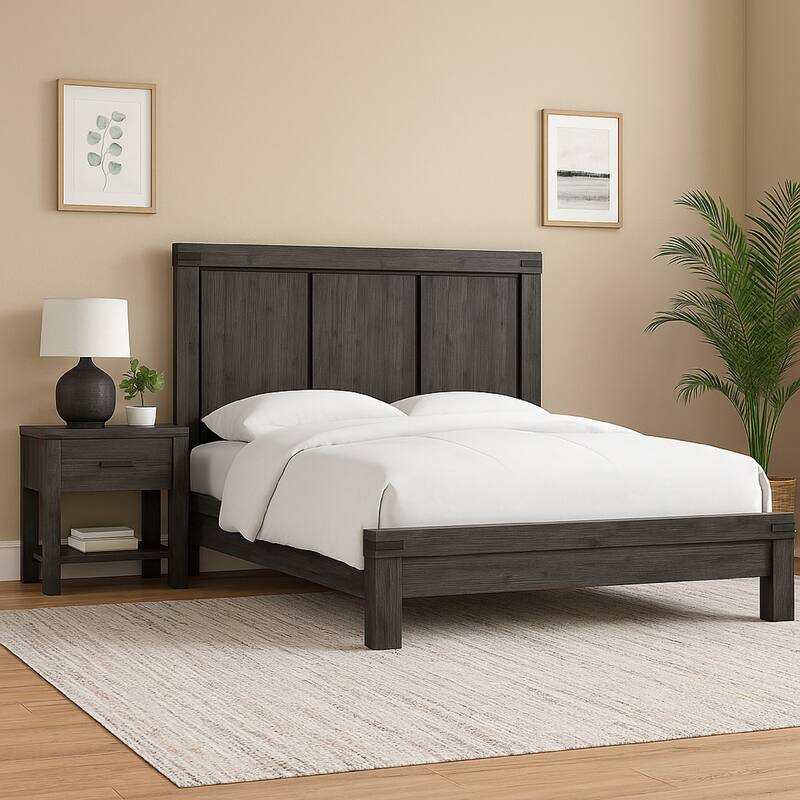 Gael Full Size Bed, Acacia Wood, Panel Headboard, Wire Brushed Gray Finish