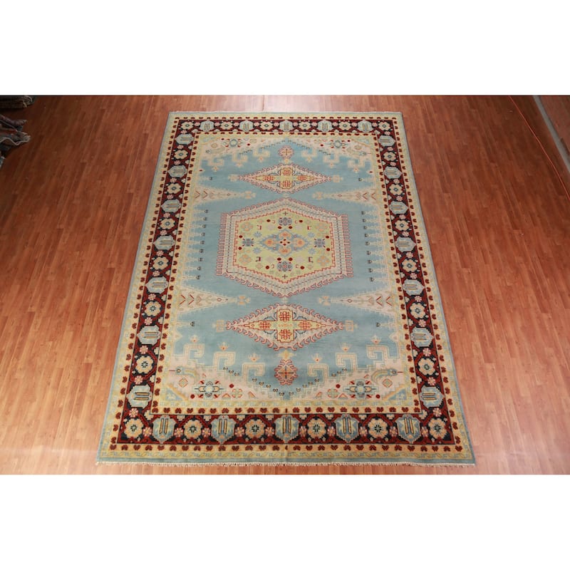 Light Blue Geometric Viss Oriental Large Rug Handmade Wool Carpet - 9'9" x 13'9"