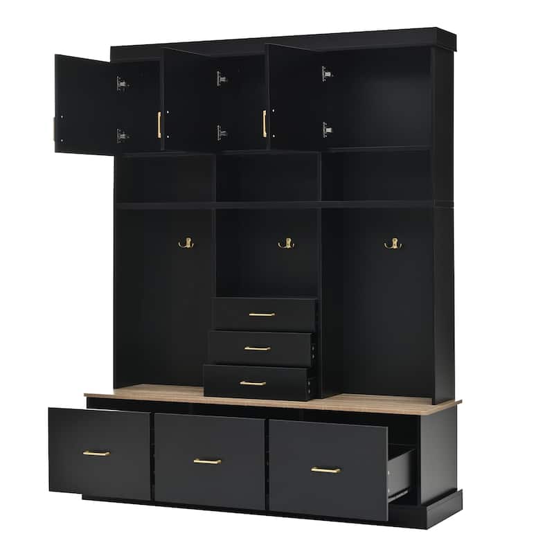 75" Entryway Hall Tree with Bench 5-in-1 Modern Storage Bench with Coat Rack, 6 Drawers, Cabinets & Shelves for Hallway, Mudroom