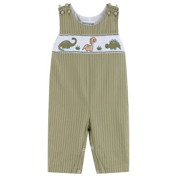 slide 2 of 4, Green Dinosaur Smocked Overalls