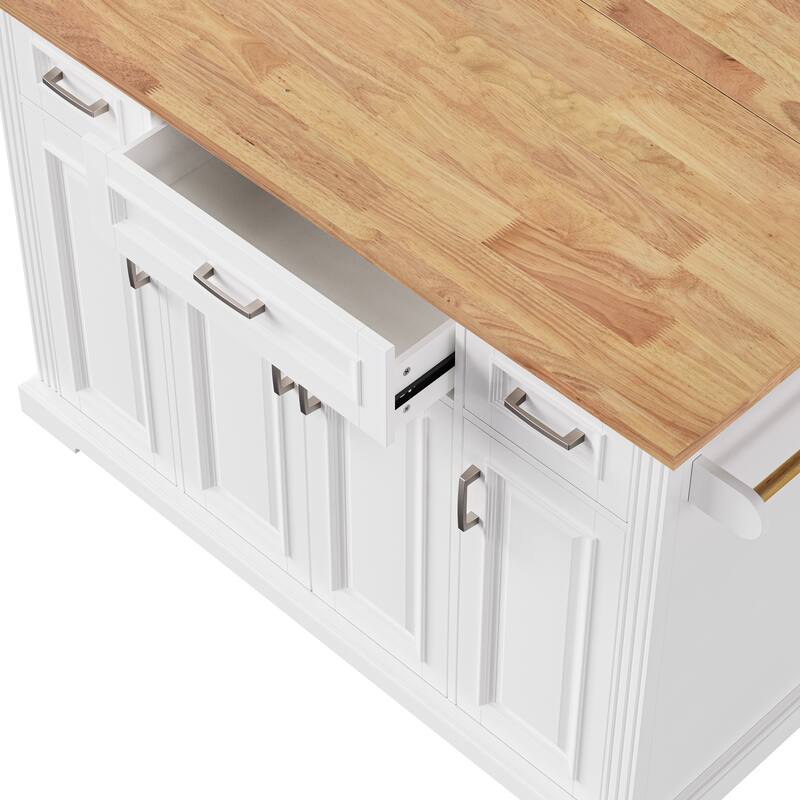 54 Inch Kitchen Island with Rubber Wood Drop Leaf and Rolling Cart Storage