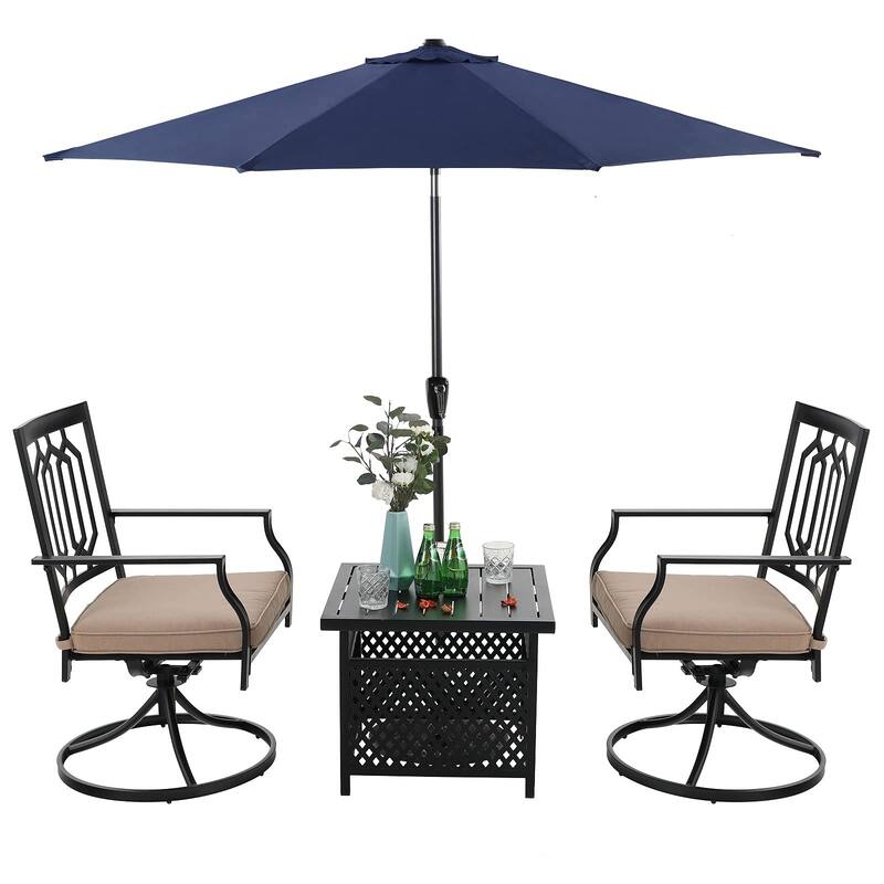 MAISON ARTS 3-piece Patio Bistro Set with 9 ft Umbrella, 2 Metal Swivel Chairs and 1 Square Table with Umbrella Hole