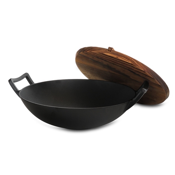General Store Addlestone 2 Piece 14 Inch Heavy Duty Cast Iron Wok with Wood Lid. Opens flyout.