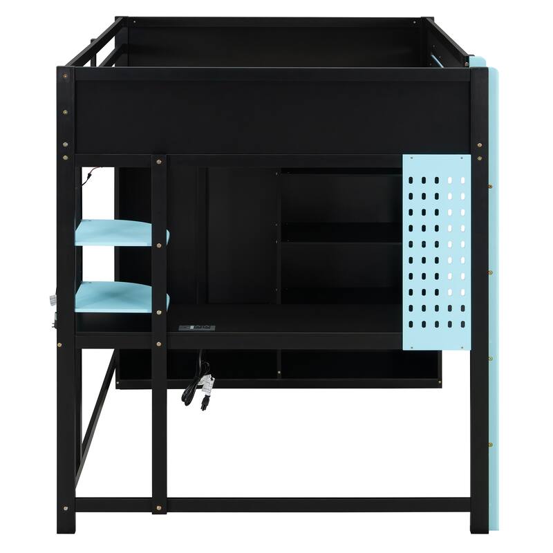 Full Size Gaming Loft Bed with Desk & Wardrobe, Wooden Storage Bed with RGB LED Lighting, Charging Station