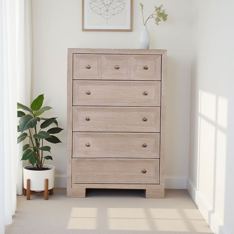 Kizie Tall Dresser Chest, 5 Drawers, Bronze, Beige Solid Wood, 38 Inch