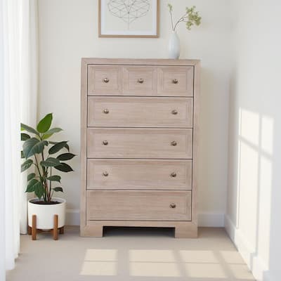 Kizie Tall Dresser Chest, 5 Drawers, Bronze, Beige Solid Wood, 38 Inch