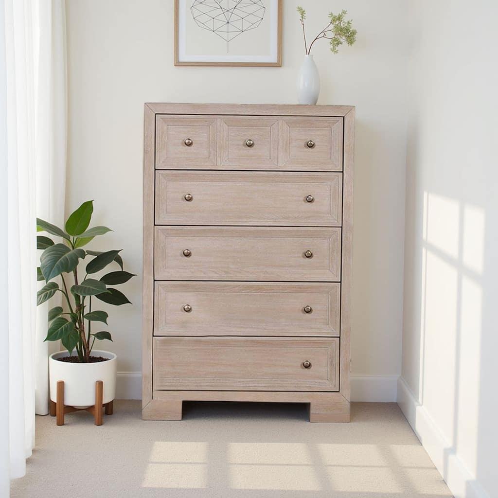Kizie Tall Dresser Chest, 5 Drawers, Bronze, Beige Solid Wood, 38 Inch