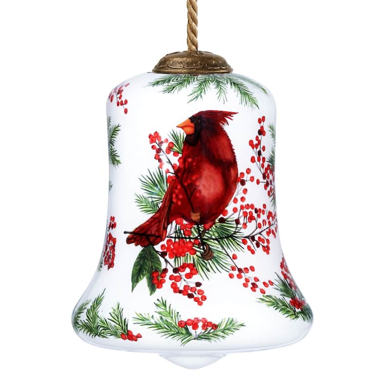 Cardinal Perched on Winter Berries Hand Painted Mouth Blown Glass Ornament - 4" x 3" x 3"