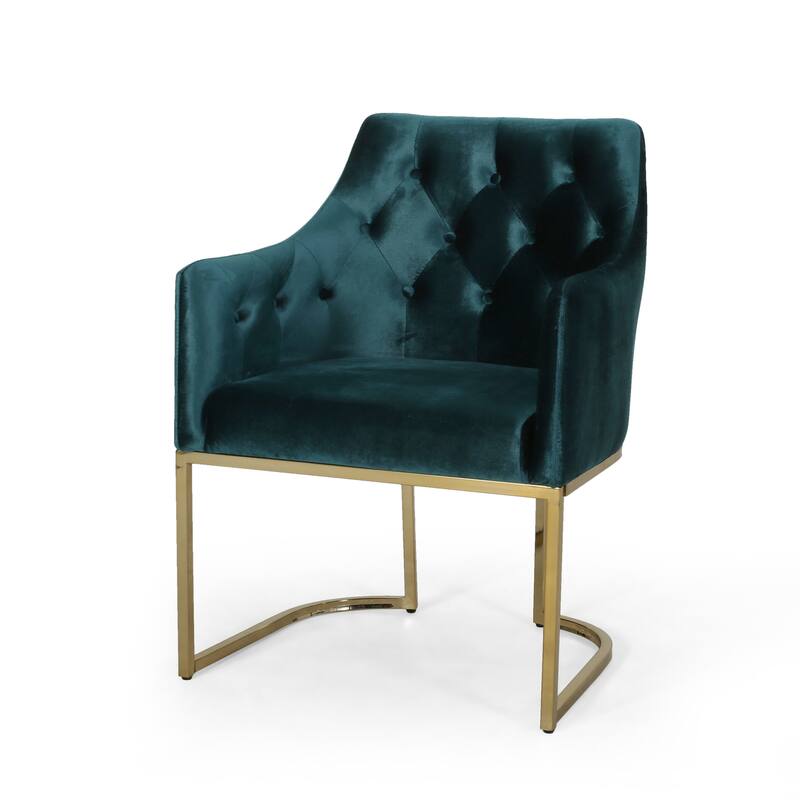 Roomfitters Velvet Upholstered Accent Chair, Modern Armchair with Tufted Backrest and Gold Metal Frame