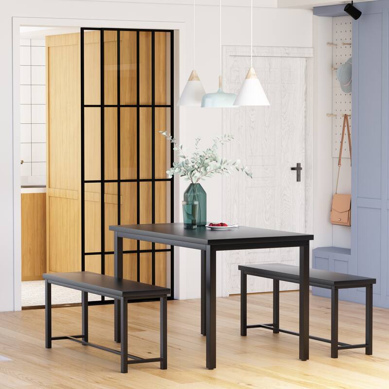 Dining Table Set with Two Benches, Kitchen Table Set for 4 Persons