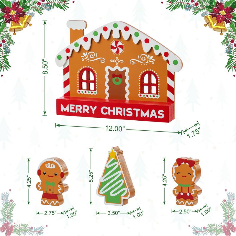 Glitzhome Set of 4 Wooden Christmas Gingerbread House Table Decor