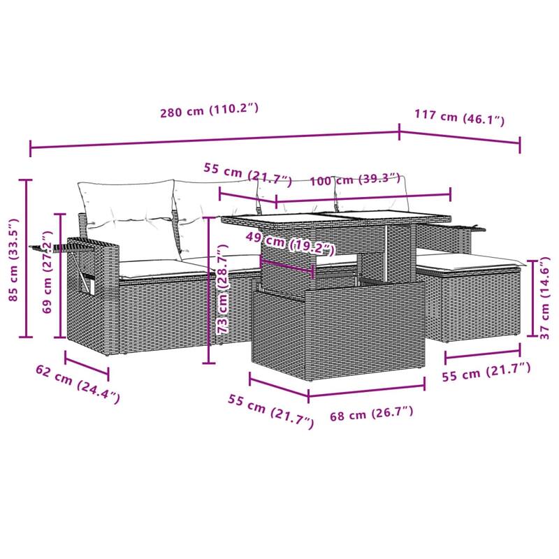 vidaXL Patio Sofa Set with Cushions Outdoor Furniture 6 Piece Poly Rattan - 21.7 x 39.4 x 28.7