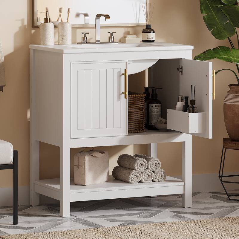 Vertical Stripe Storage Cabinet Versatile Bathroom Vanity with Ceramic Sink, Open Shelf, Door Storage Boxes and Golden Handles
