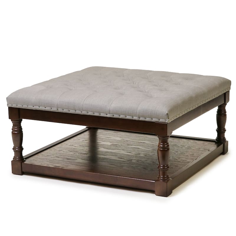 Cairona Tufted Textile 34-inch Shelved Ottoman Table - Light Grey Top/Brown Wood