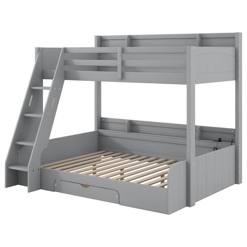 Twin over Full Bunk Bed with Storage Shelves, LED Light and a Drawer, Solid Wood Bunk Bedframe with USB Charging Station