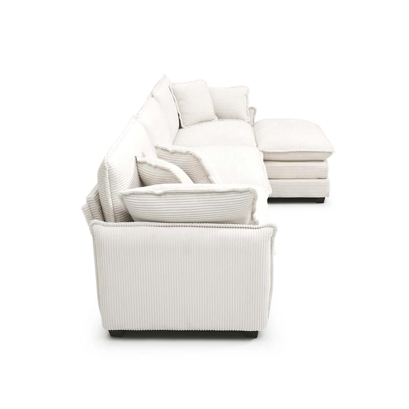 Beige 4-Piece Corduroy L-Shaped Modular Sectional Sofa with Ottoman & 5 Pillows