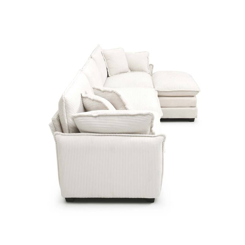 Beige 4-piece Corduroy Upholstered L-Shaped Modular Sectional Sofa with Removable Ottoman, 5 Pillows, and Free Combination