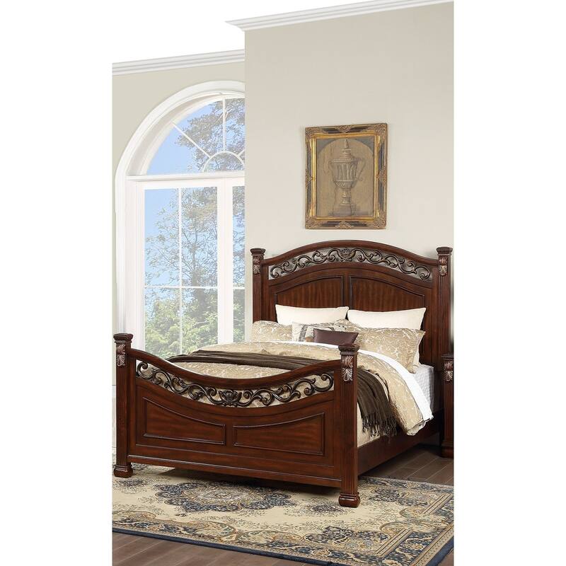 Traditional Style 1pc Bed Set Floral Design Bun Feet Carved Detail Dark Cherry Finish