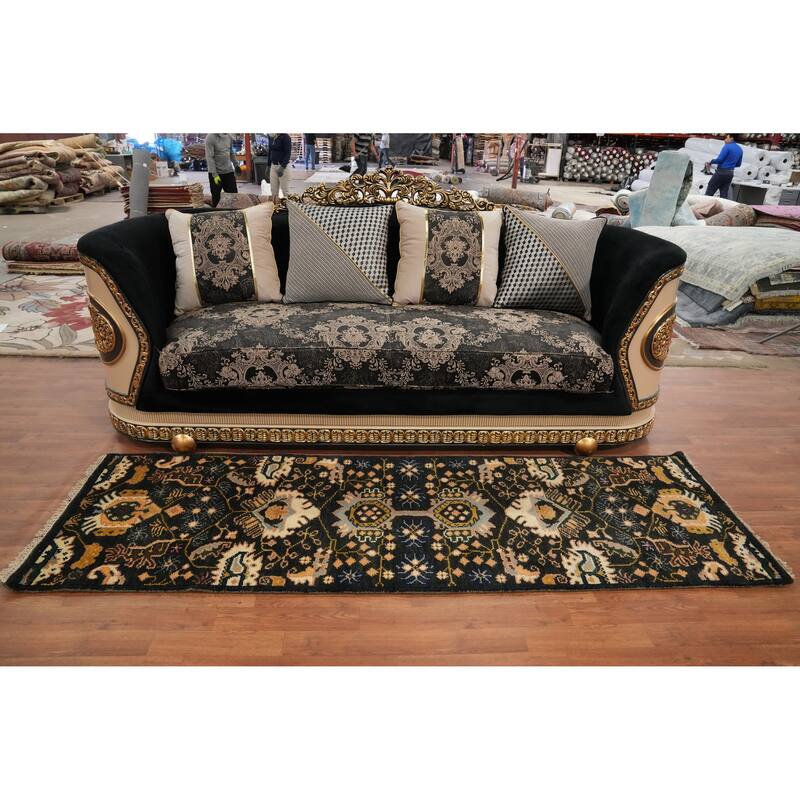 Hand-knotted Transitional Wool Carpet Black Oushak Rug Oriental Carpet Floral Area Rug Oriental Carpet - 7' 11'' X 2' 6''