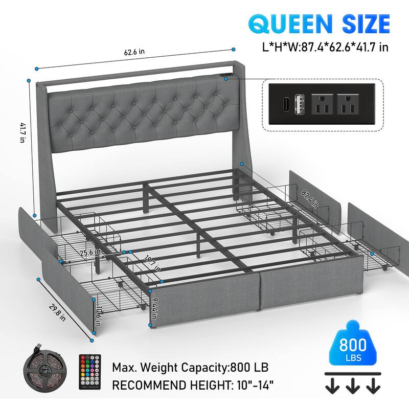 Metal Platform Bed Frame with Underbed Storage Drawers, LED Storage Headboard with Charging Station