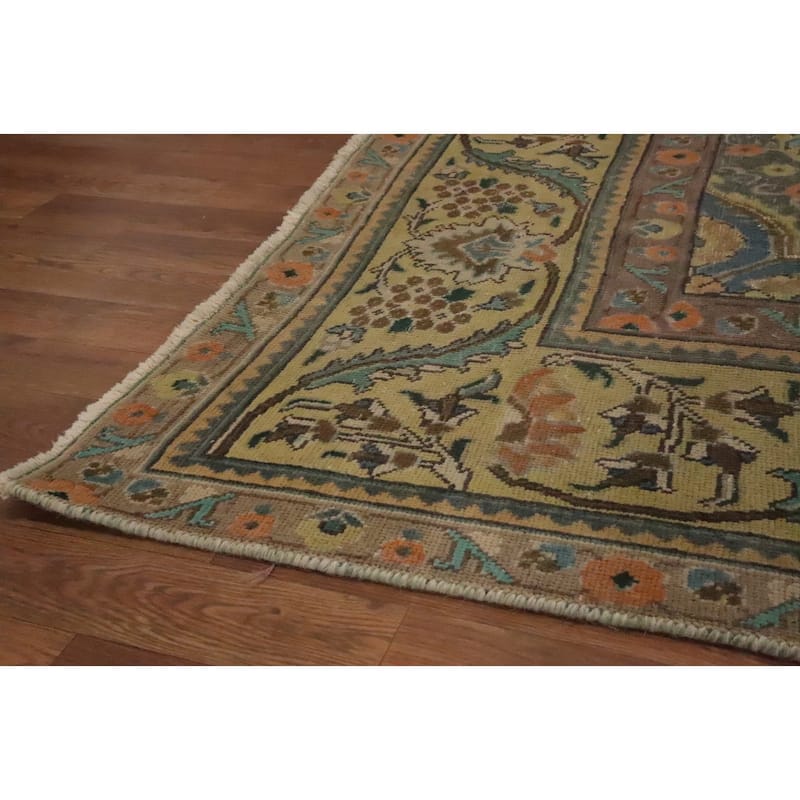 Hand Knotted Oriental 100% Wool Carpet Traditional Floral Yellow & Gold Tabriz Area Rug - 12' 10'' X 9' 10''