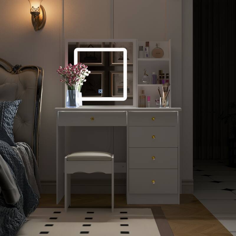 Vanity Desk Makeup Table Sliding Lighted Dressing Table Glass Top