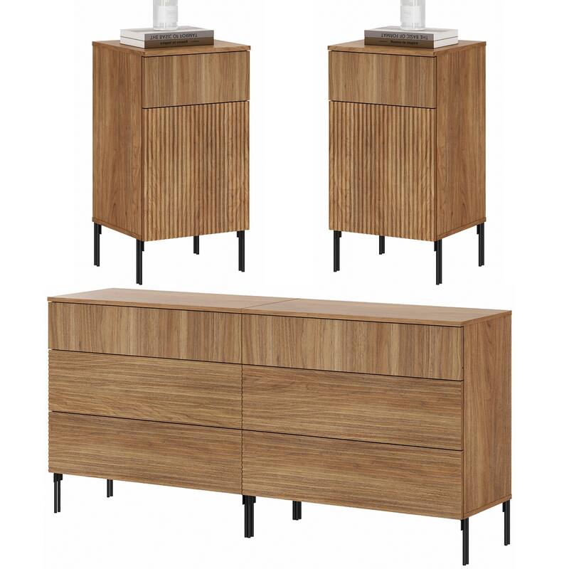 4 Pcs Bedroom Set，Reeded 6 Drawer Dresser and Nightstand Sets for Bedroom, Night Stand Set of 2 - Walnut