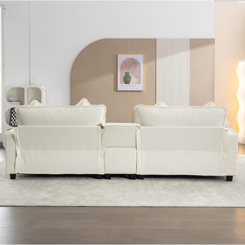 111" Beige Chenille Sectional Sofa with 2 Ottomans, 2 USB Ports, 2 Cup Holders & Storage
