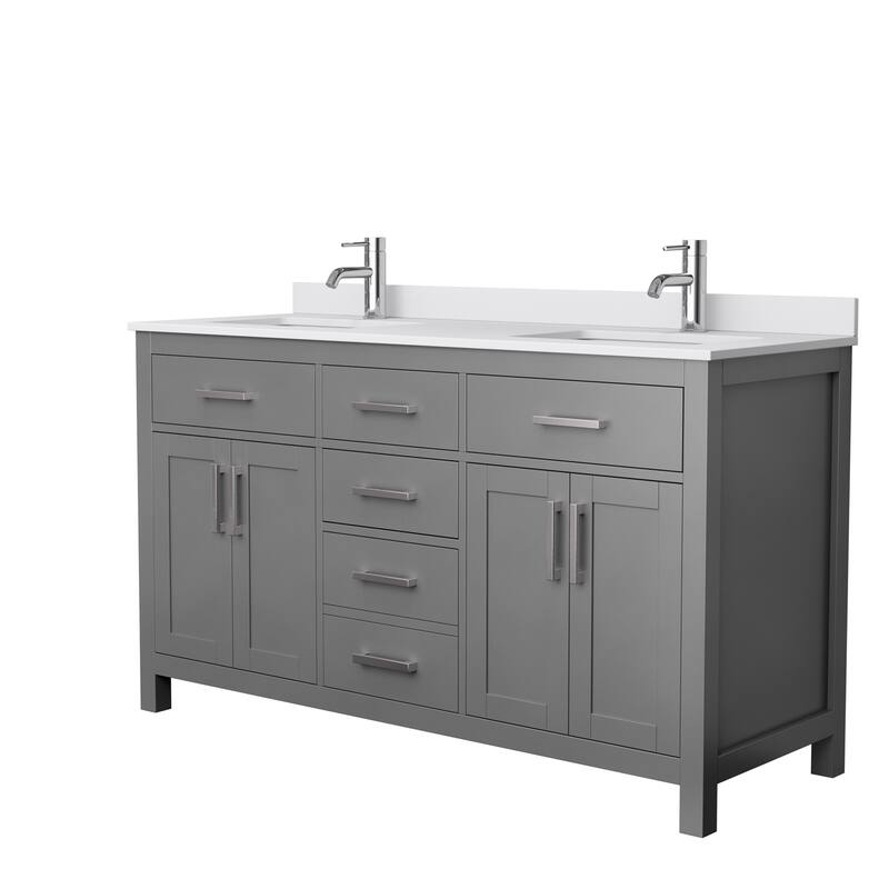 Beckett 60 Inch Double Vanity, Cultured Marble Top - Dark Gray, Nickel Trim, White Cultured Marble Top