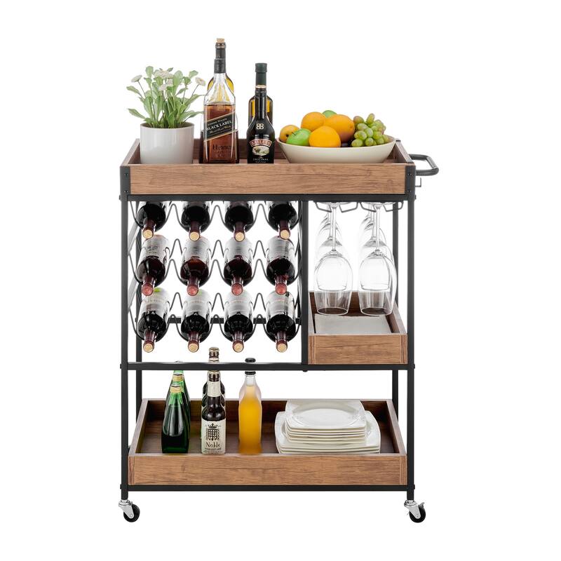 Rustic Walnut Veneer and Metal Rolling Farmhouse Wine Bar Cart with Wine Bottle and Glass Rack