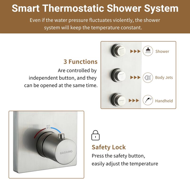 3-Function 12-Inch Ceiling-Mounted Thermostatic Shower System in Brushed Nickel with Square Shower Head