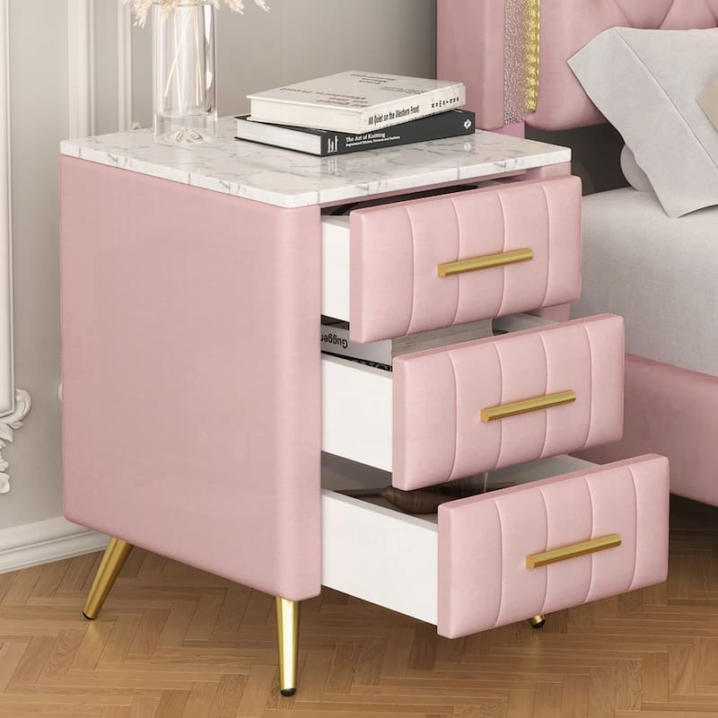 Upholstered Wooden Nightstand with 3 Drawers and Metal Legs&Handles - Pink
