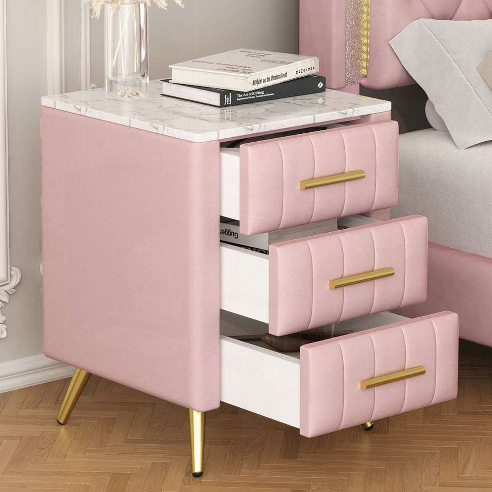 Upholstered Wooden Nightstand with 3 Drawers and Metal Legs&Handles