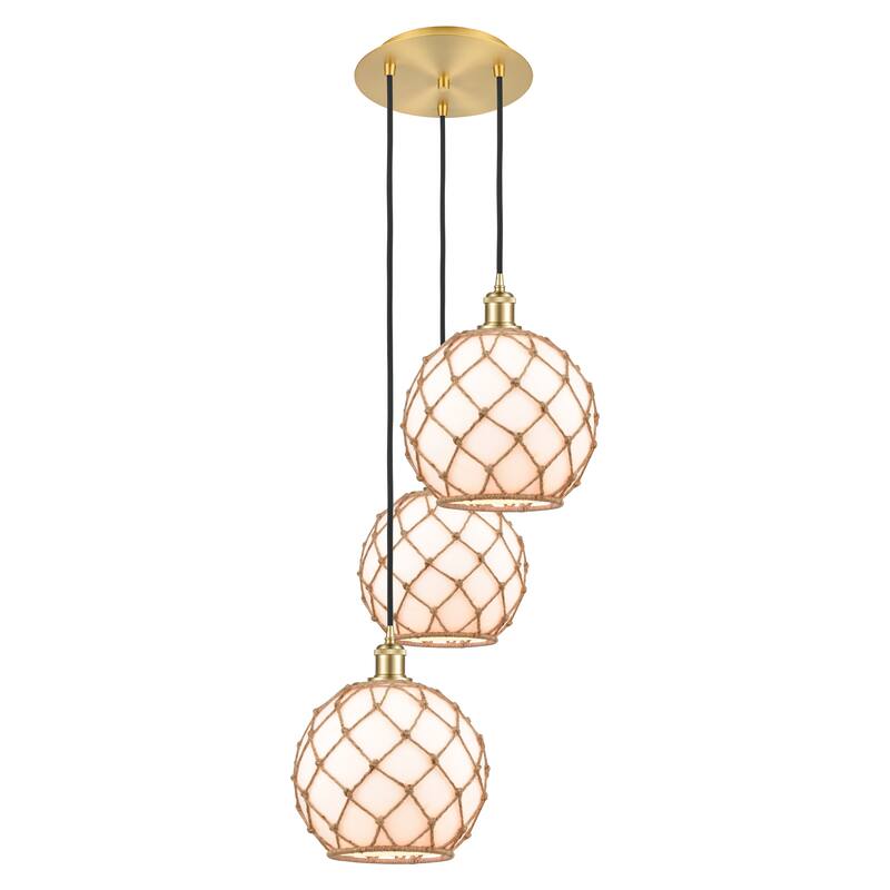 Innovations Lighting Endless Possibilities Ballston - Farmhouse Rope - 3 Light 17" Cord Hung Multi Pendant - White Glass with Brown Rope/Satin Gold
