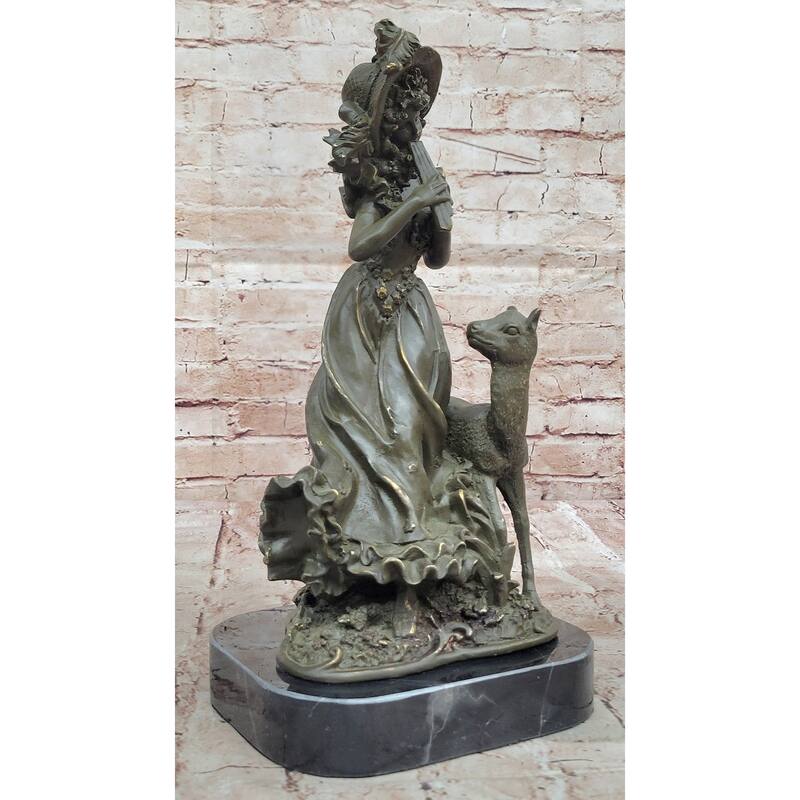 Bronze Girl Playing Flute With Deer On Marble Base By Aldo Vitaleh