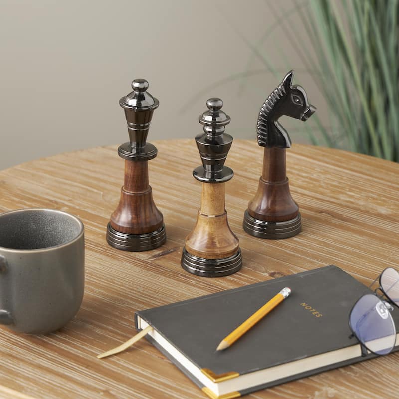 Aluminum Metal Chess Decorative Sculpture with Mango Wood Center - Set of 3 Silver or Dark Gray - Roche River Decor