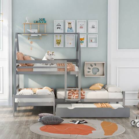Wooden House Bed with Twin size Trundle