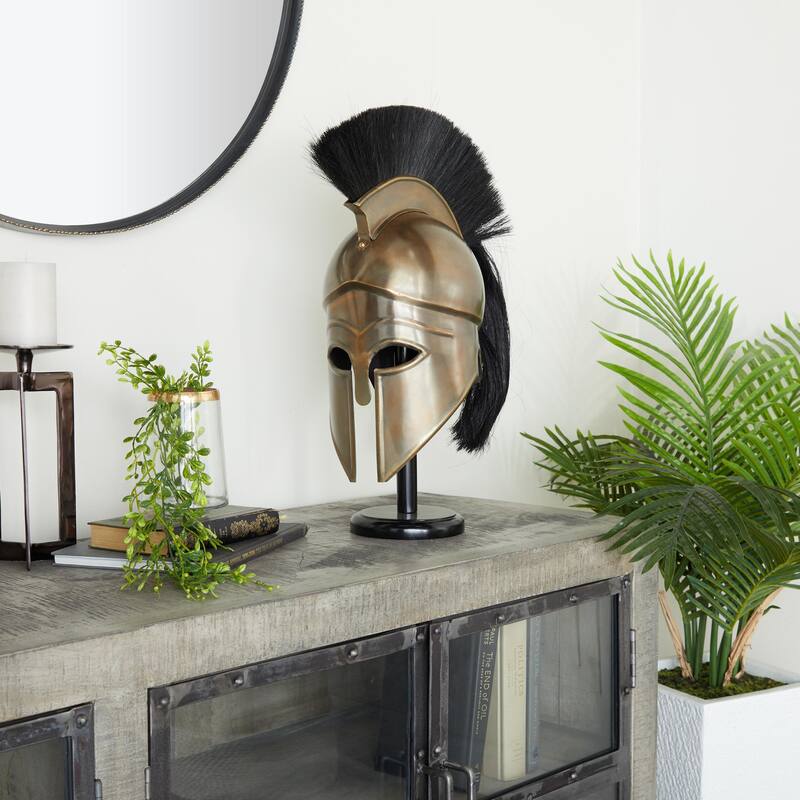 Metal Replica Medieval Greek Spartan Helmet with Brown Wood Stand and Plume - Gold - Roche River Decor