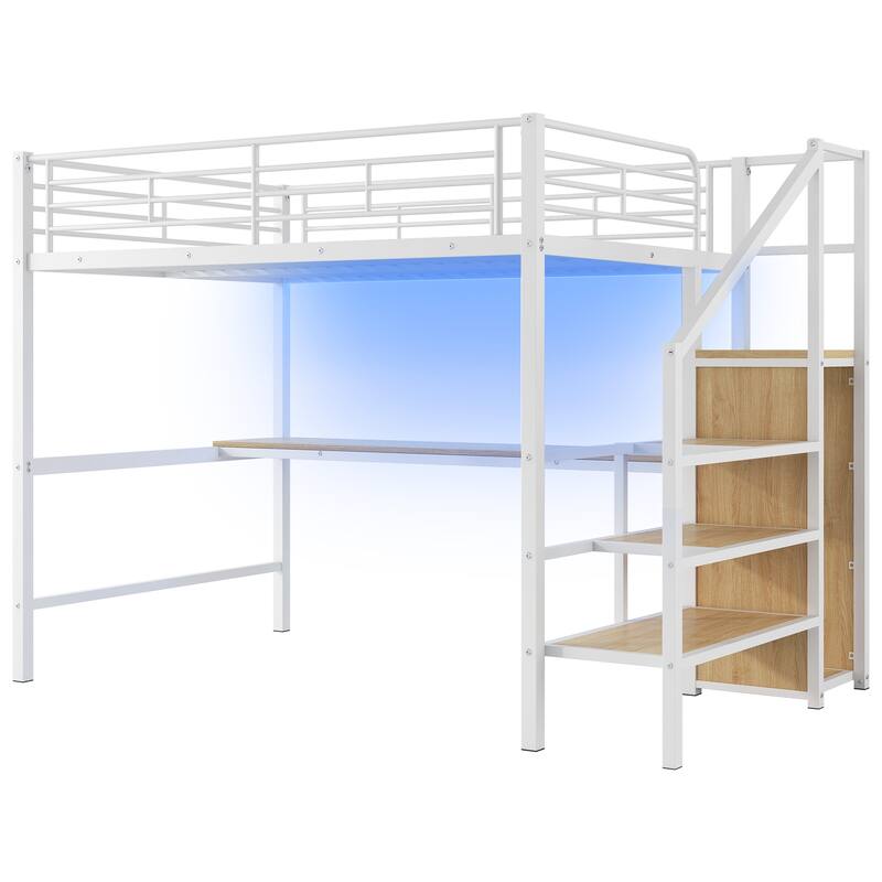 Full Size Metal Loft Bed with Desk, Storage Staircase, Wardrobe, and LED Light, White