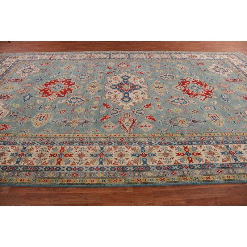 Hand Knotted Oriental 100% Wool Carpet Traditional Geometric Navy Blue & Blues Kazak Area Rug - 16' 6'' X 9' 7''