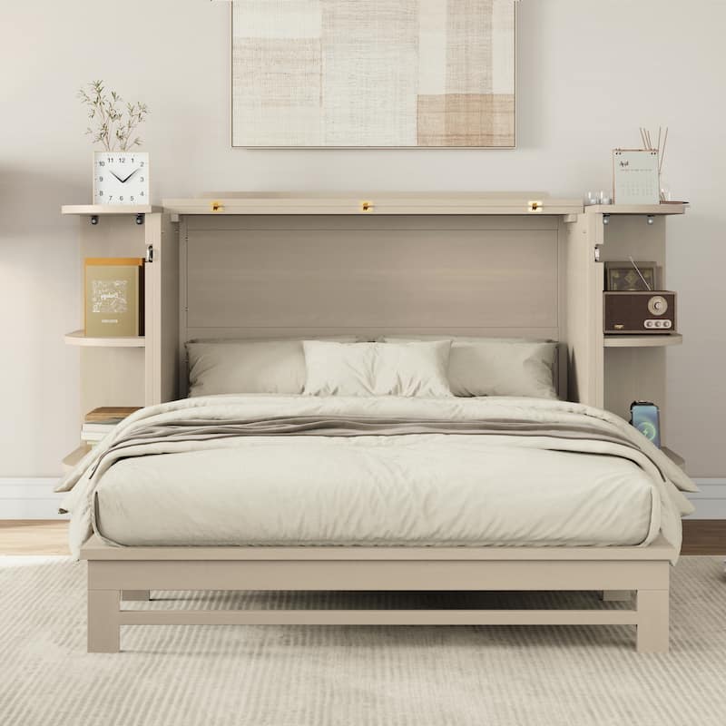 Farmhouse Murphy Bed Foldable Platform Bed Convertible Chest Cube Cabinet Bed with Curved Shelves and Charging Station - Ceylon Cream - Queen